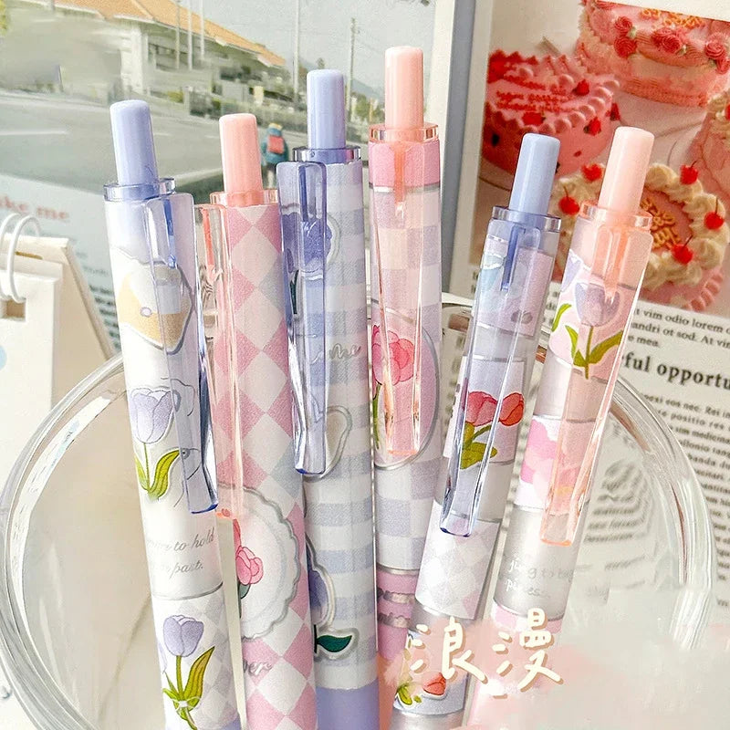 6pcs Floral Gel Pens Set Transparent 0.5mm Black