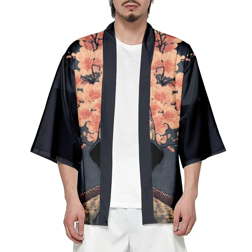 Plus Size Japanese Sakura Cat Samurai Print Kimono