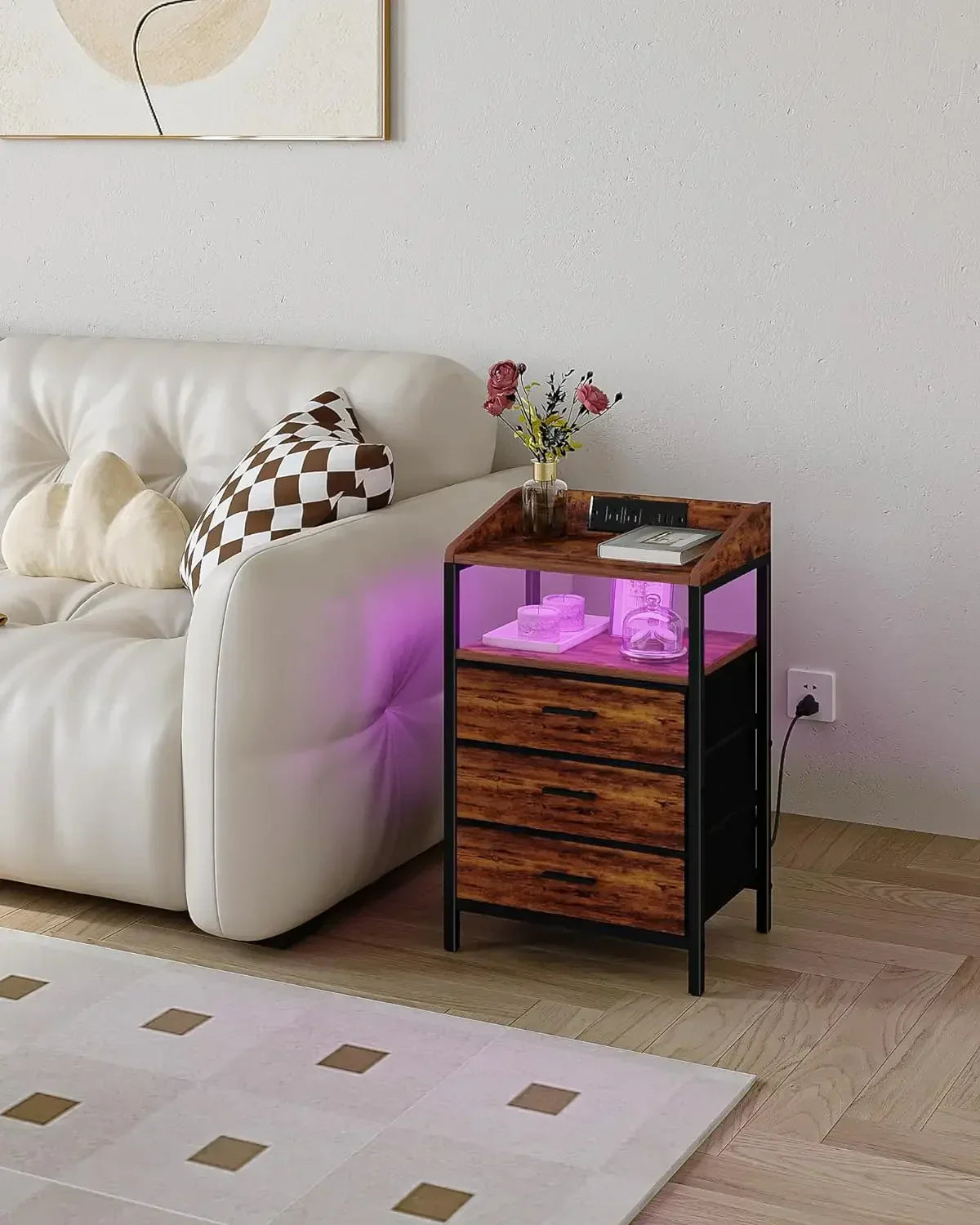 Nightstands with LED Lights Charging Station, End Table