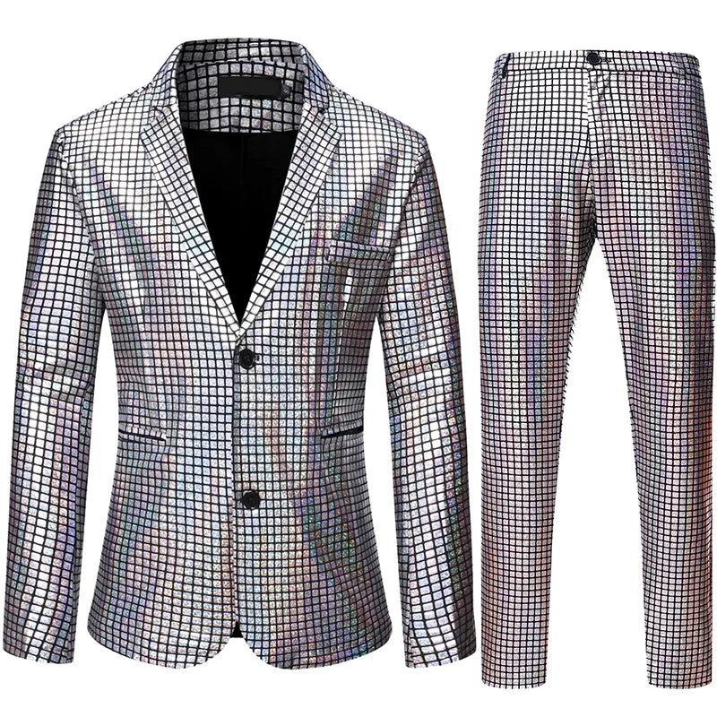 Mens Stage Prom Suits Shiny Rainbow Plaid Sequin