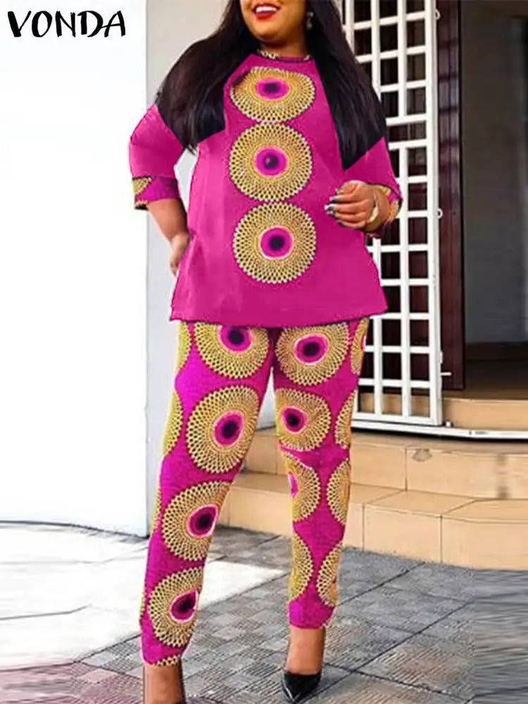 Plus Size 5XL VONDA Bohemian Pant Sets Women