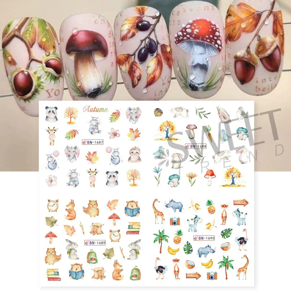 12pcs Hedgehog Animal Nail Water Stickers Pine Cones