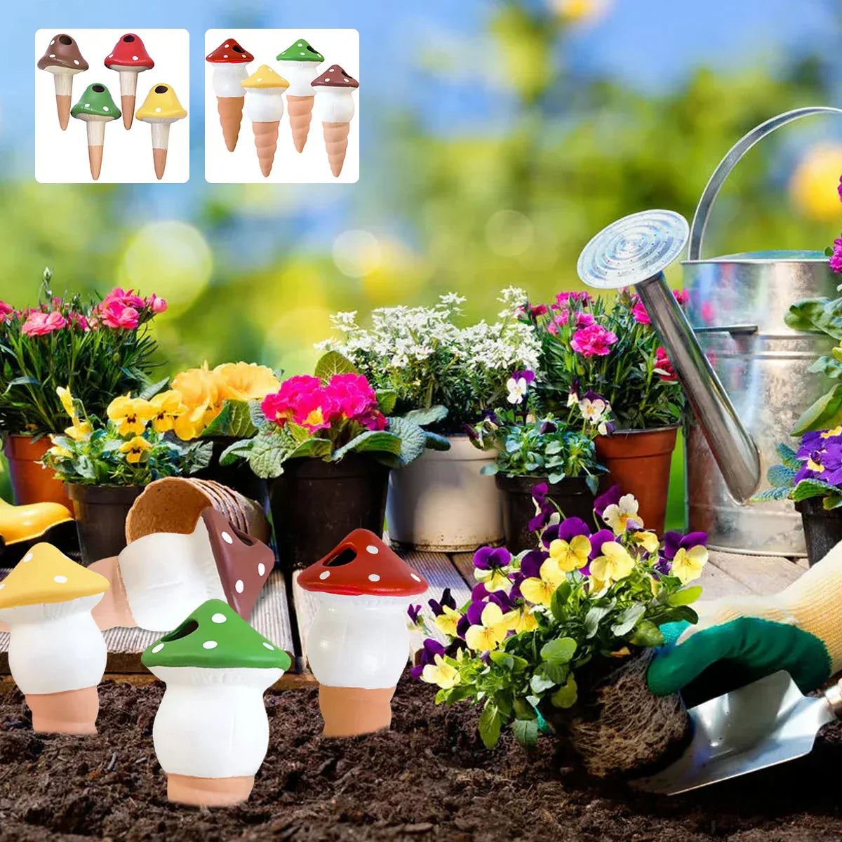 4Pcs SelfWatering Mushroom Spikes Portable Automatic Terracotta Globe