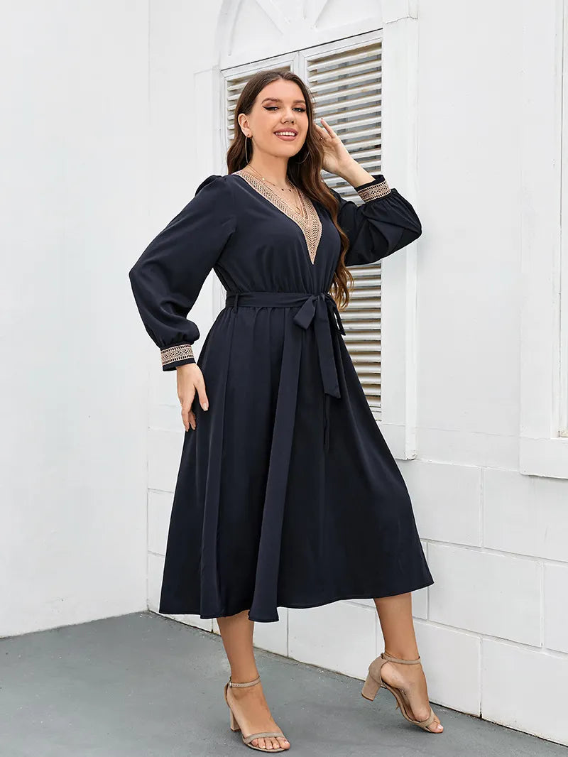 Plus Size Women Dress V Neck Long Sleeves