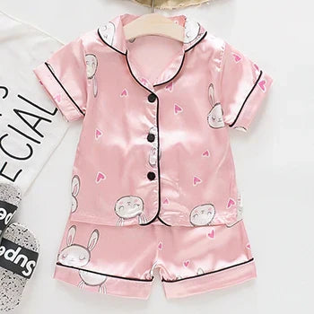 Toddler Girls Silk Satin Pajamas Sets Cartoon Kids