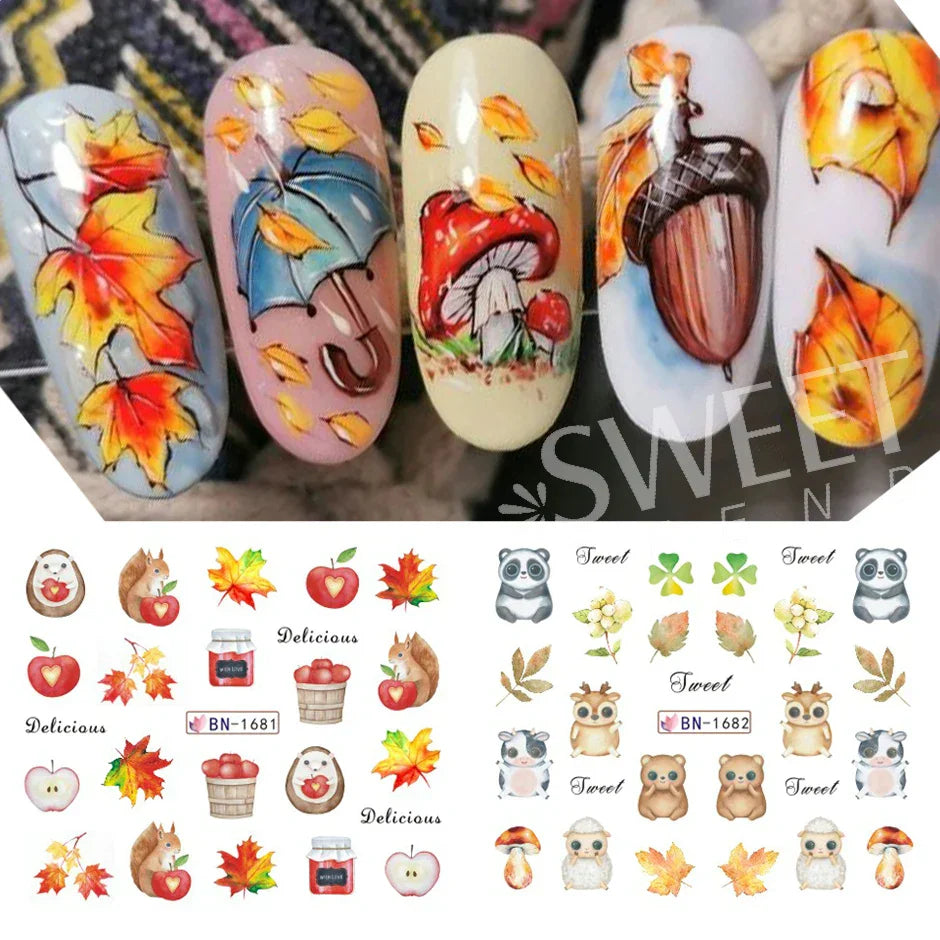 12pcs Hedgehog Animal Nail Water Stickers Pine Cones