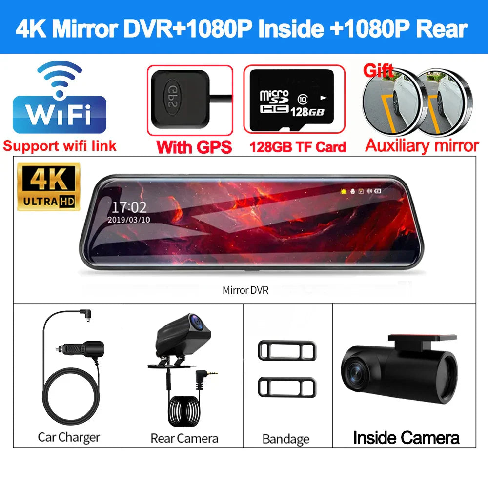 4K Front and Rear Camera Mirror GPS Car