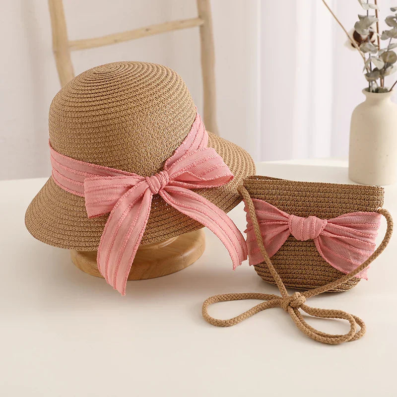 Kids Girls Straw Hat Handbag Set Wide Brim Lace Bow Sun Protection Cap Summer Beach Bucket Cap Portable Handbag панама Gorras