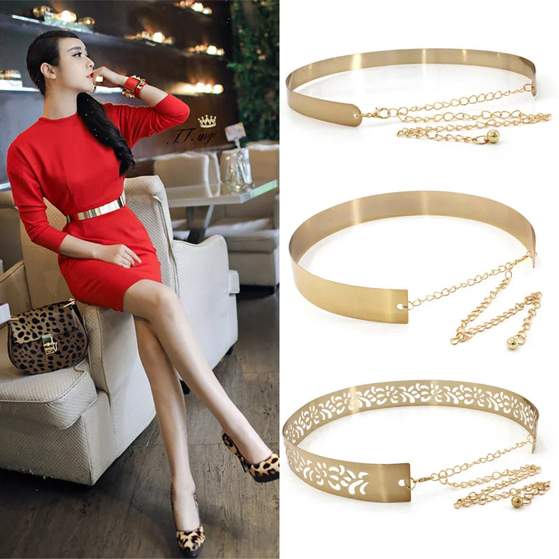Women Fashion Adjustable Metal Belt Gold Silver Wide