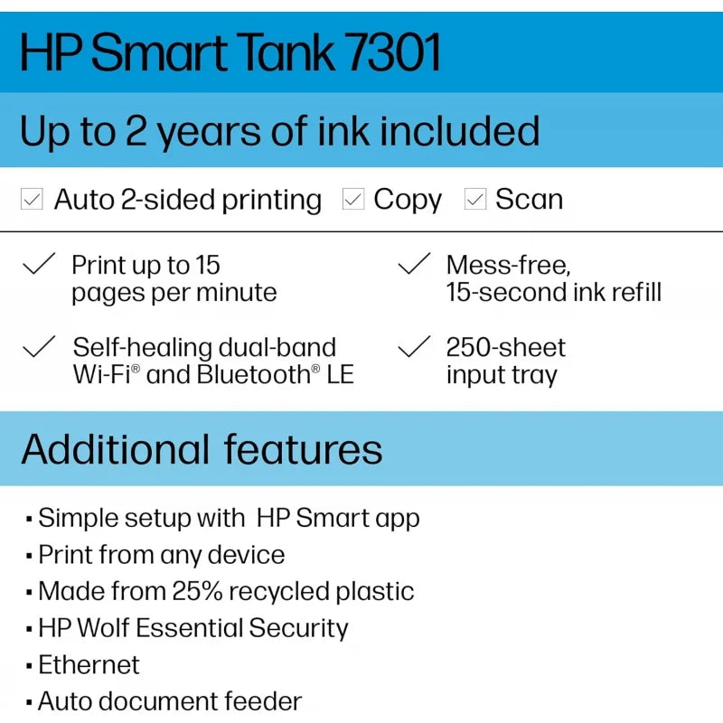 HP Smart -Tank 7301 Wireless All-in-One Cartridge-free Ink