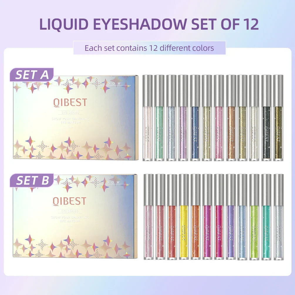 QIBEST 12 Colors Glitter Liquid Eyeshadow Waterproof Metallic