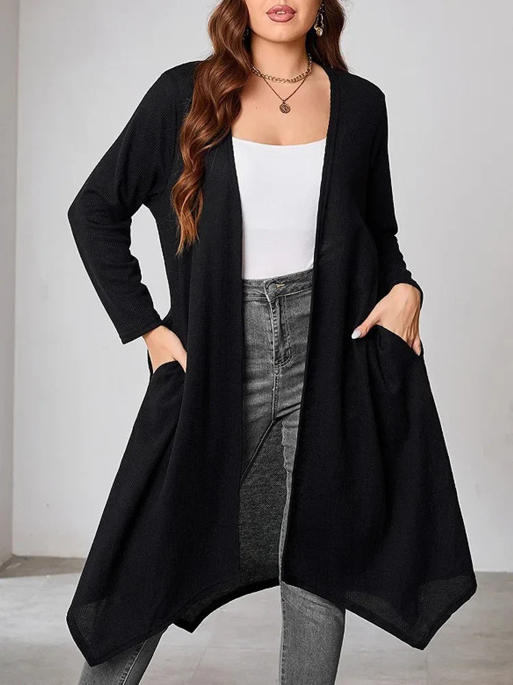GIBSIE Plus Size Black Casual Long Cardigan Women