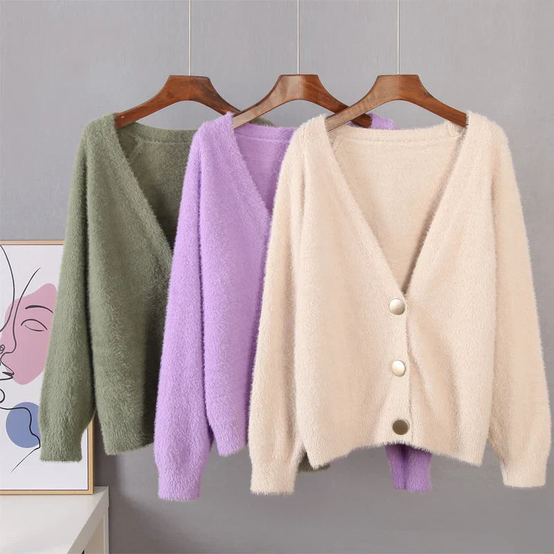 Hirsionsan Elegant Long Sleeve Mohair Sweater Women 2023