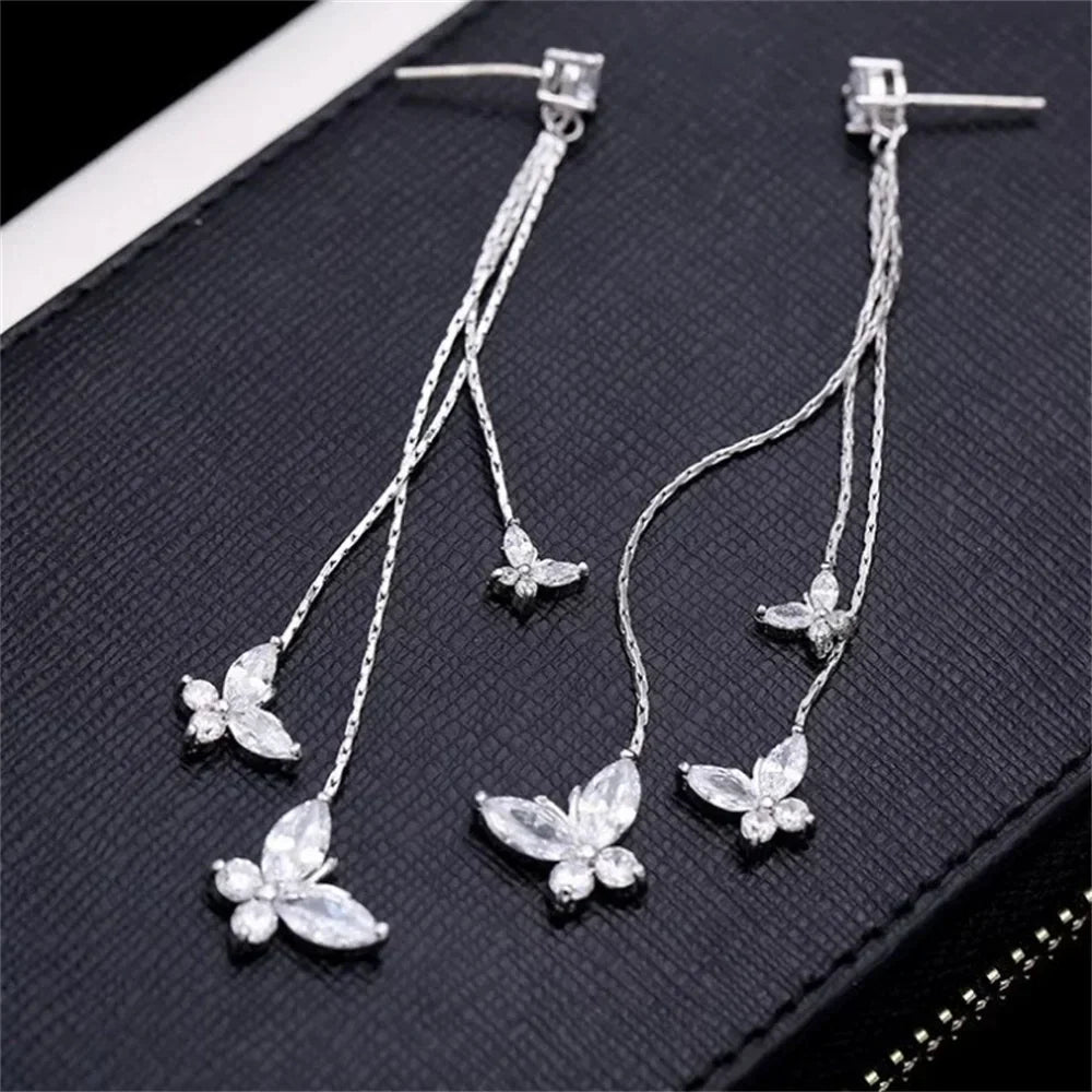 Korean Fashion Zircon Butterfly Tassel Earrings Trendy Crystal