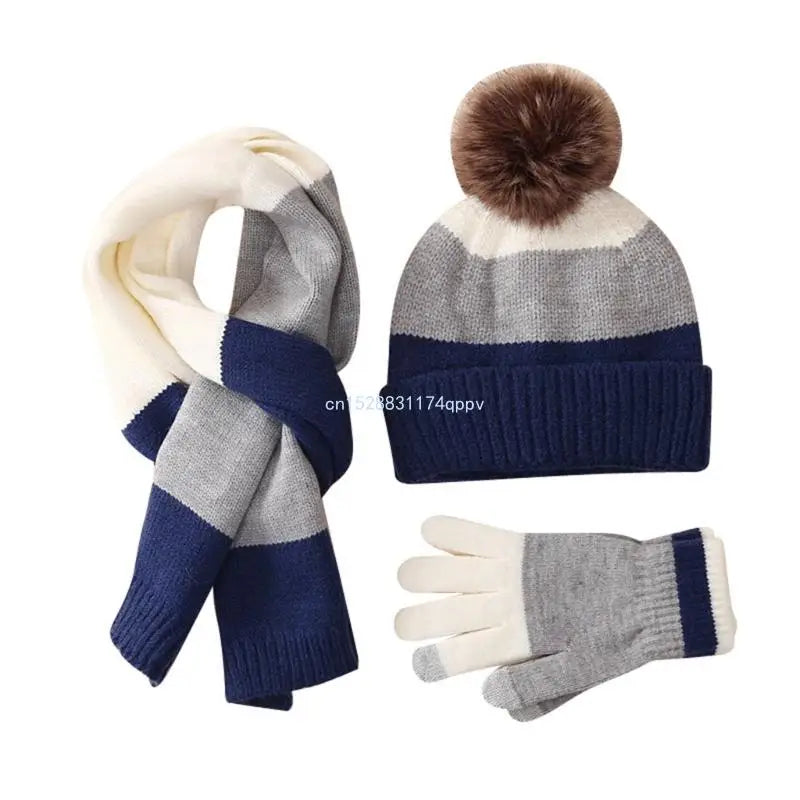Kids Hat Scarf & Gloves Set Winter Pom