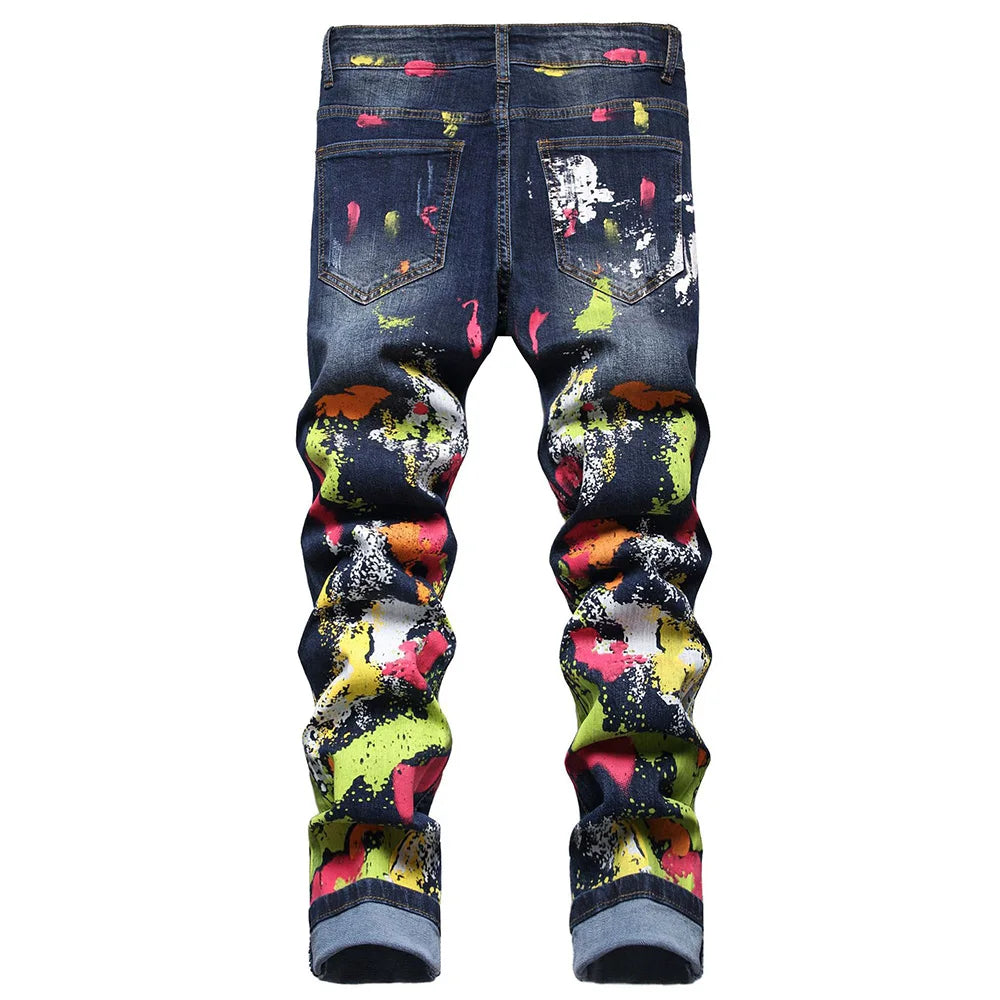 Men's Painted Stretch Denim Jeans Streetwear Colored Slim