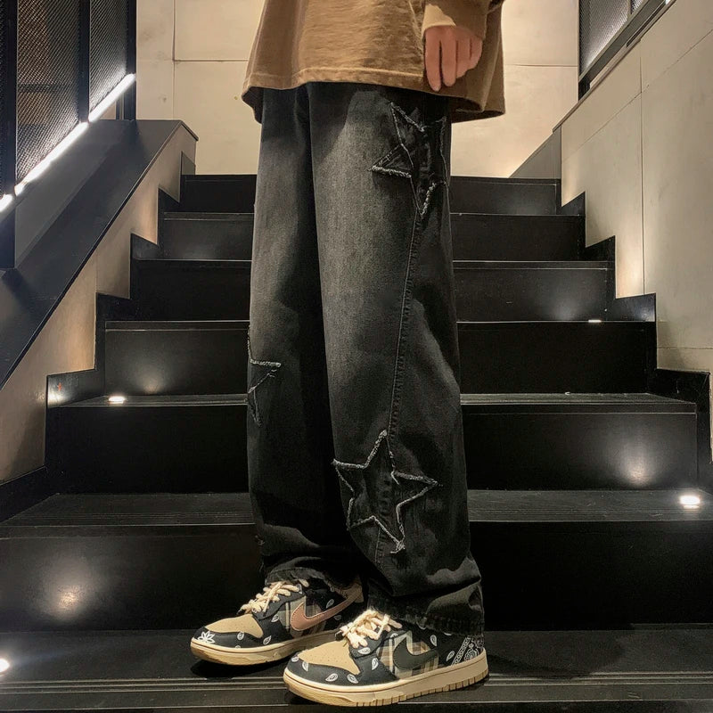 Star Embroidery Straight Casual Men Jeans Gothic Neutral