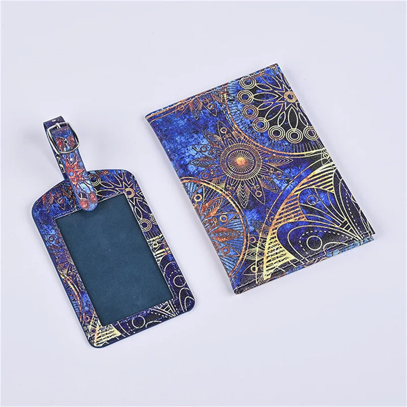 2pcset Printed PU Leather Passport Cover Luggage Tag
