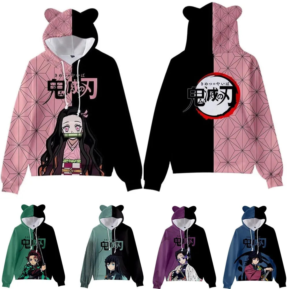 Anime Demon Slayer Hoodies Women Cat Ears Cartoon