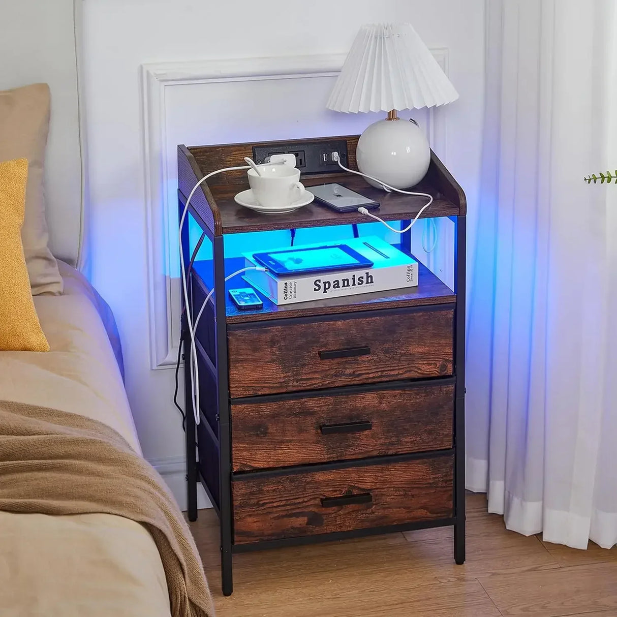 Nightstands with LED Lights Charging Station, End Table