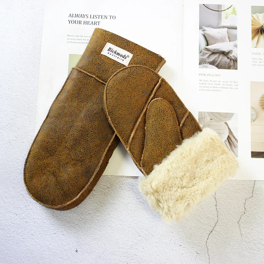 Sheepskin Fur Mittens Women's Leather Wool Color Winter