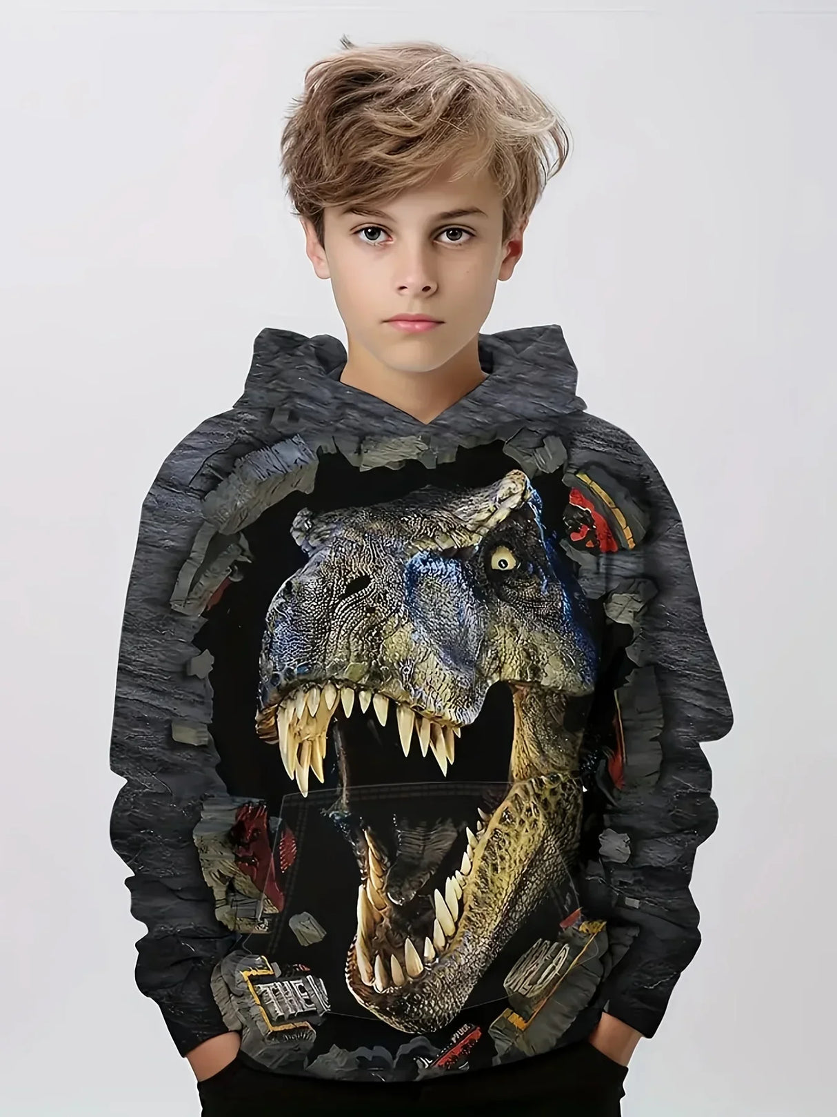 3D Dinosaur Pattern Kid's Hoodie, Trendy Long Sleeve