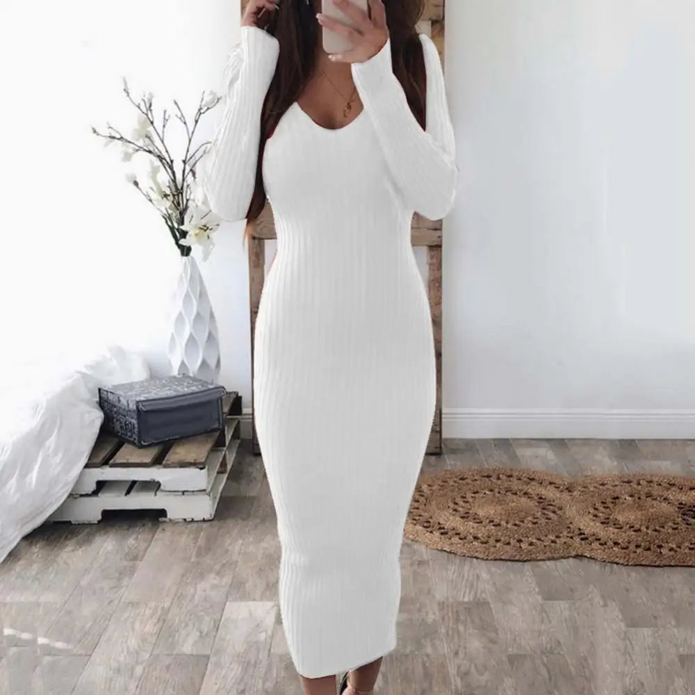 Sexy Backless Bodycon Long Sleeve Dress Slim Midi