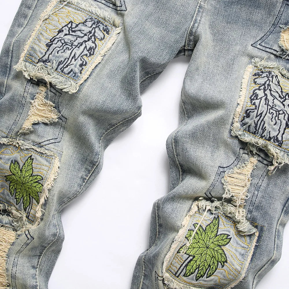 Men Embroidery Patches Denim Jeans Holes Ripped Distressed