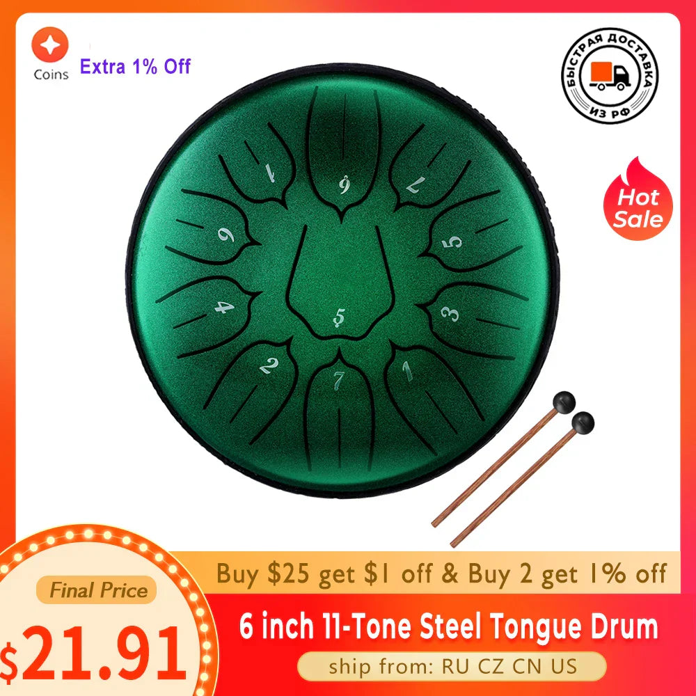 6 inch 11-Tone Steel Tongue Drum D-Key Hand
