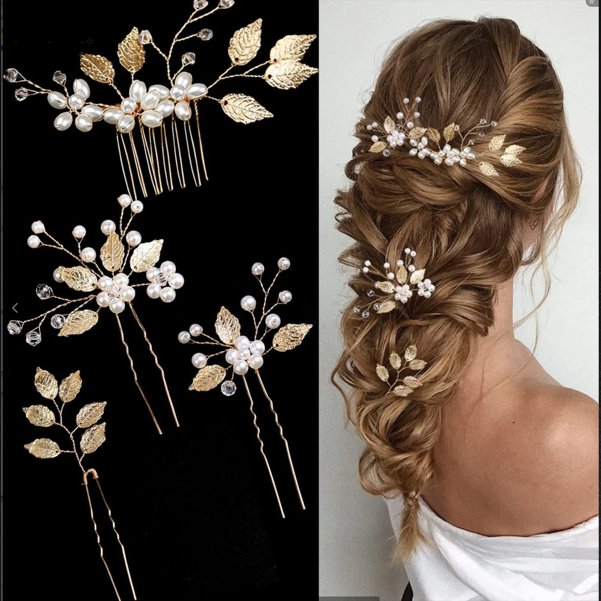 Pearl Flower Hairpin Side Comb Golden Leaf Shaped