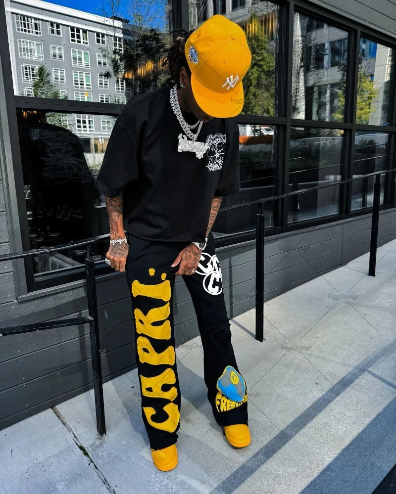 American Street Hip-hop Embroidered Wide-leg Pants Men High