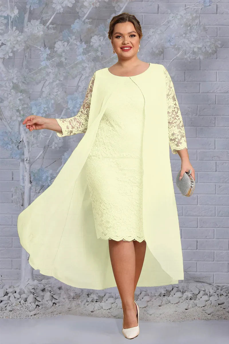 Plus Size Floral Jacquard Long Sleeve Layered Midi