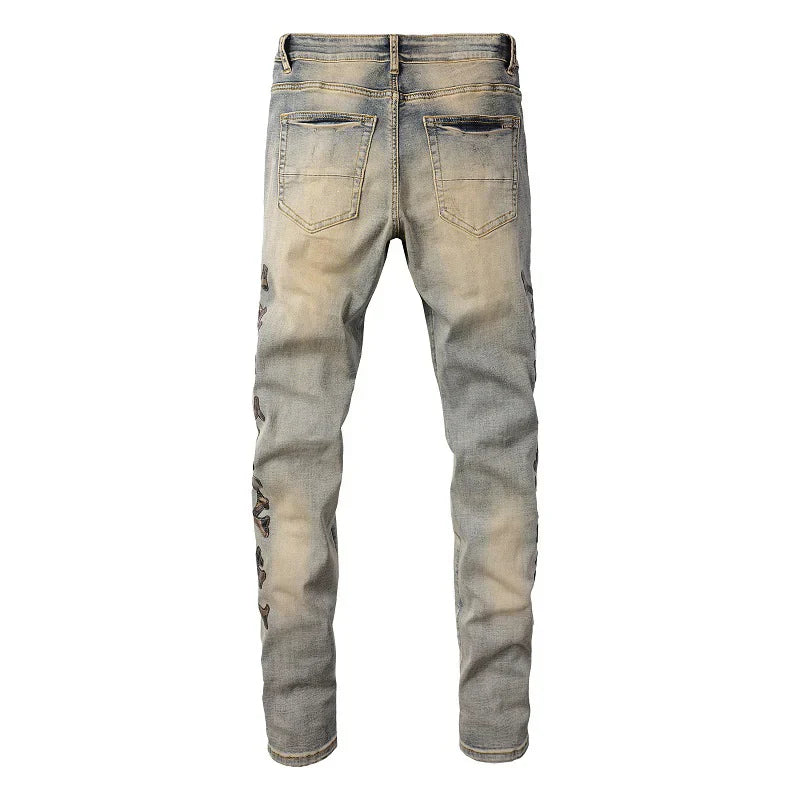 Men's Camouflage Leather Bones Patches Jeans Vintage Blue