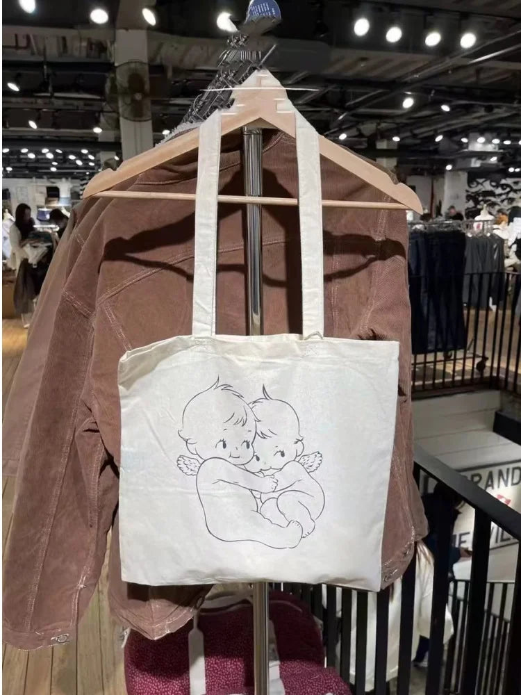 Casual Women Fashion Yellow Angel Printed Shoulder Bag 2023 Summer Vintage Canvas Fabric Female Bags Mujer