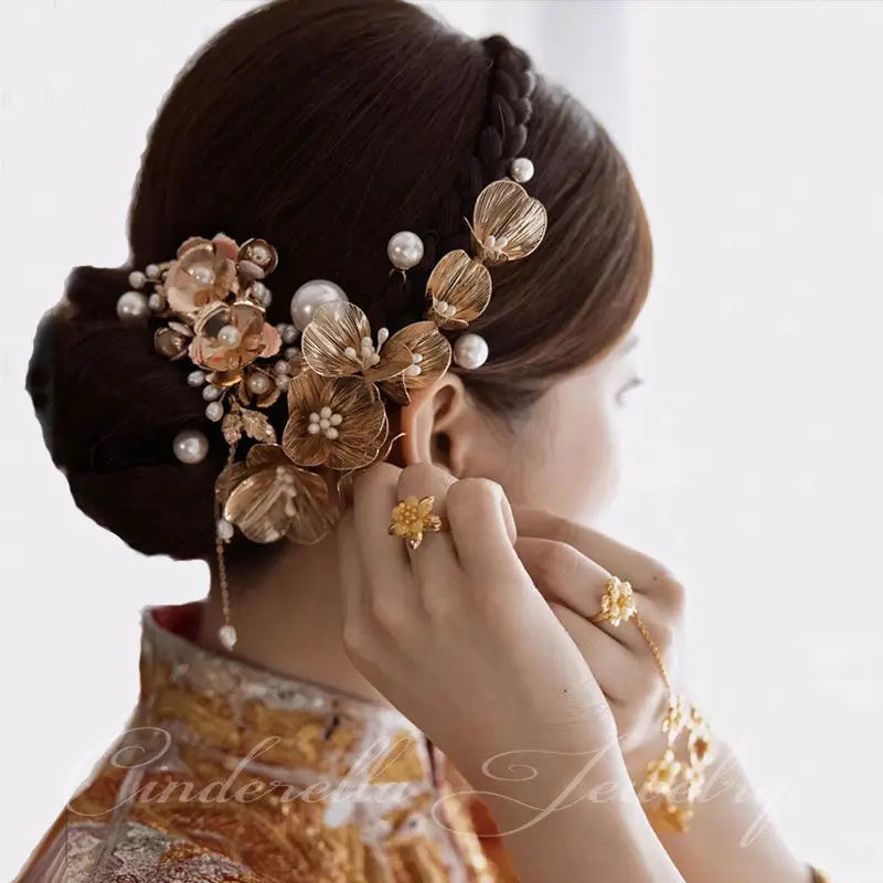 Bride Headbands Tiaras For Women Golden Pearl Flower
