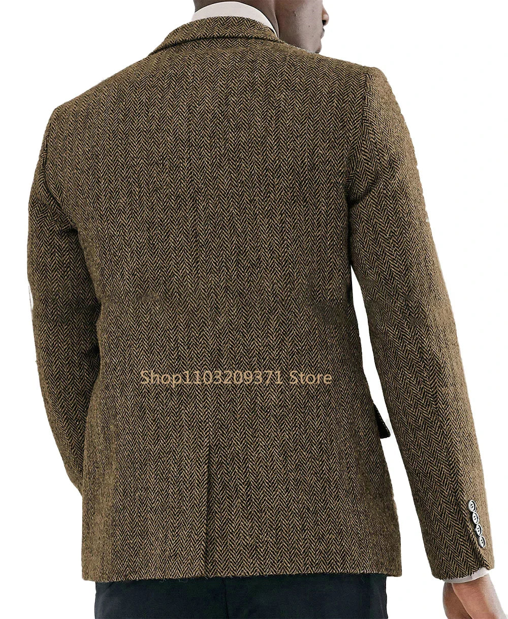 Men's Suit Brown Herringbone Blazer Prom Tuxedos Wool