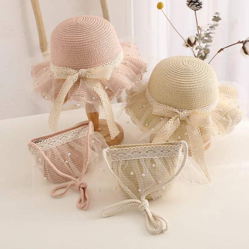 Kids Girls Straw Hat Handbag Set Wide Brim Lace Bow Sun Protection Cap Summer Beach Bucket Cap Portable Handbag панама Gorras