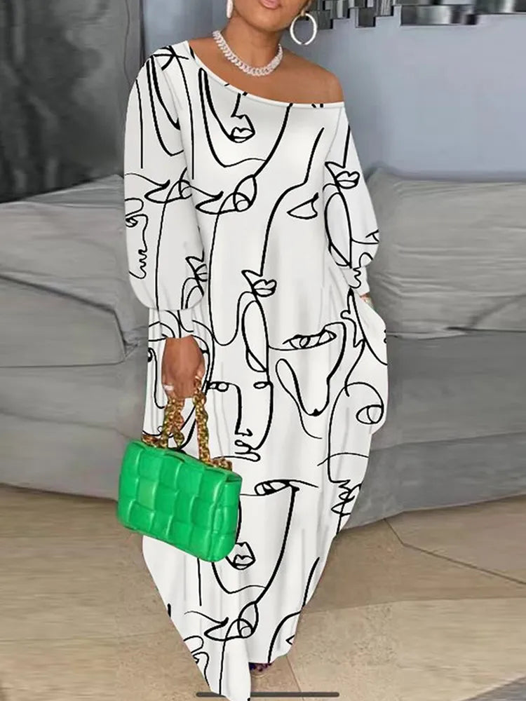 Plus Size Graphic Print One Off Shoulder Maxi