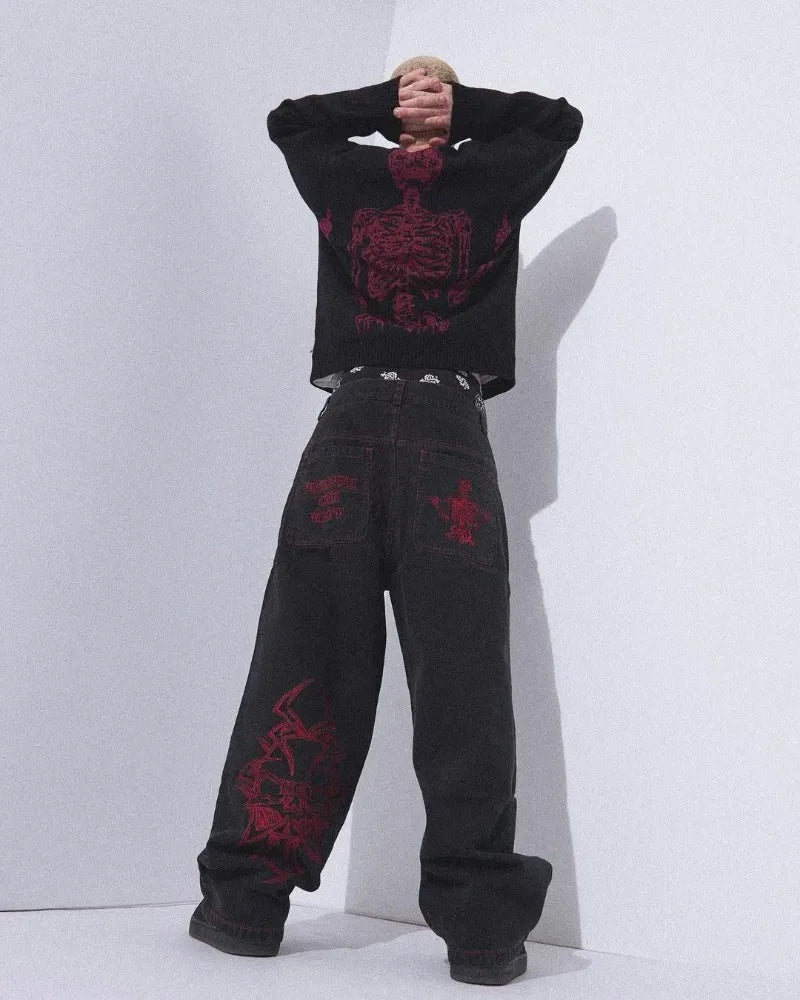 Harajuku Y2K men jeans vintage goth Skull Embroidery