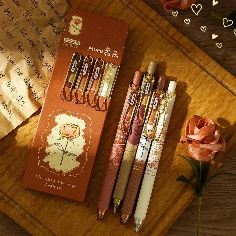 4pcs/box European Roses Gel Pens Smooth Writing Black