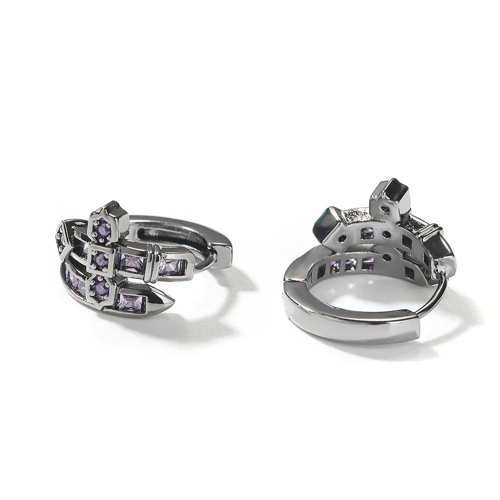 UWIN Curved Sword Hoop Earrings Iced Out Purple