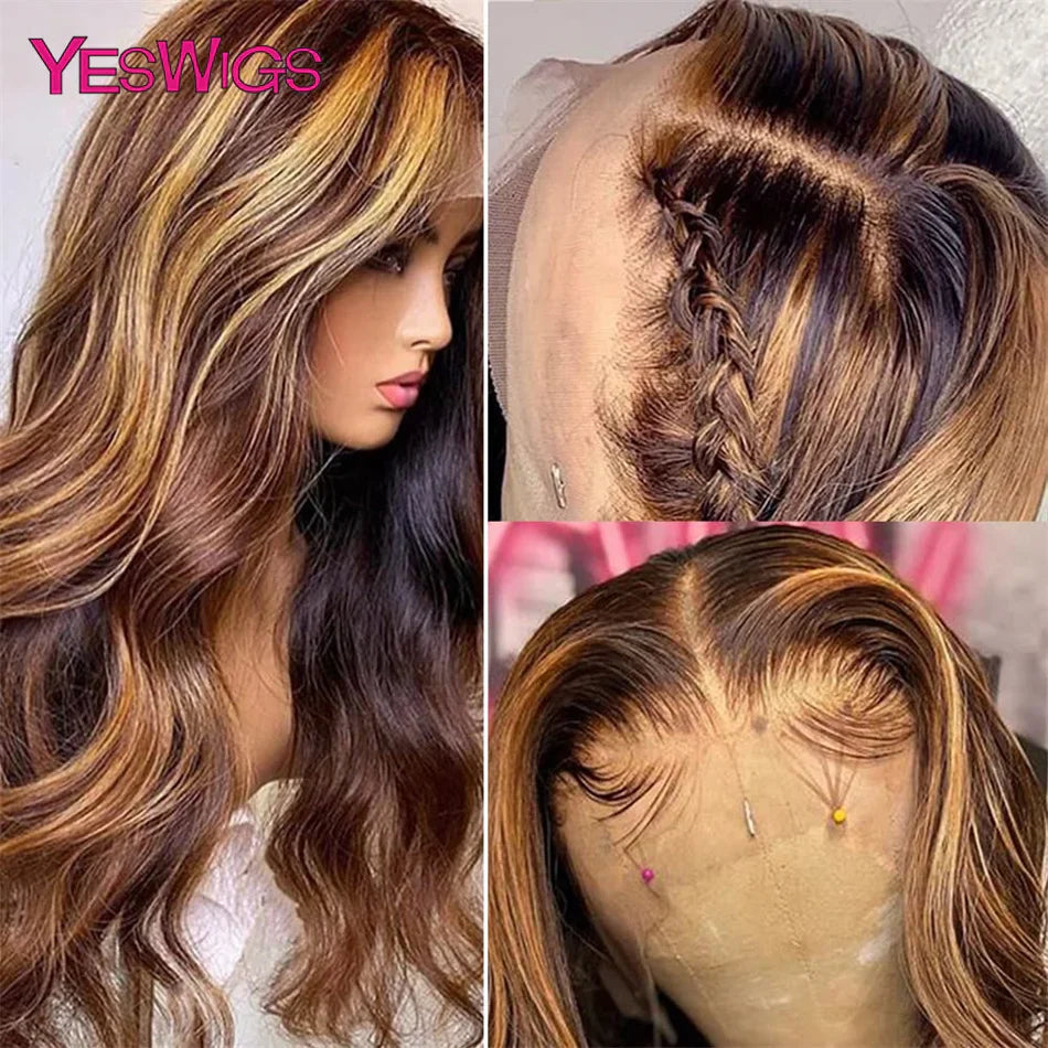 HD Highlight Wig Human Hair Brown Lace Front