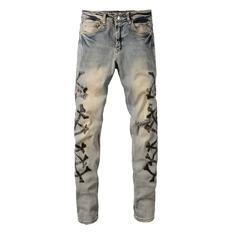 Men's Camouflage Leather Bones Patches Jeans Vintage Blue