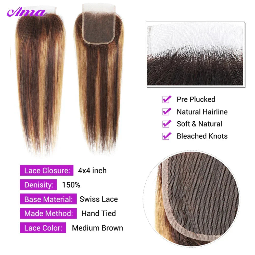 Highlight Bundles With Frontal 13x4 4x4 Inch Straight