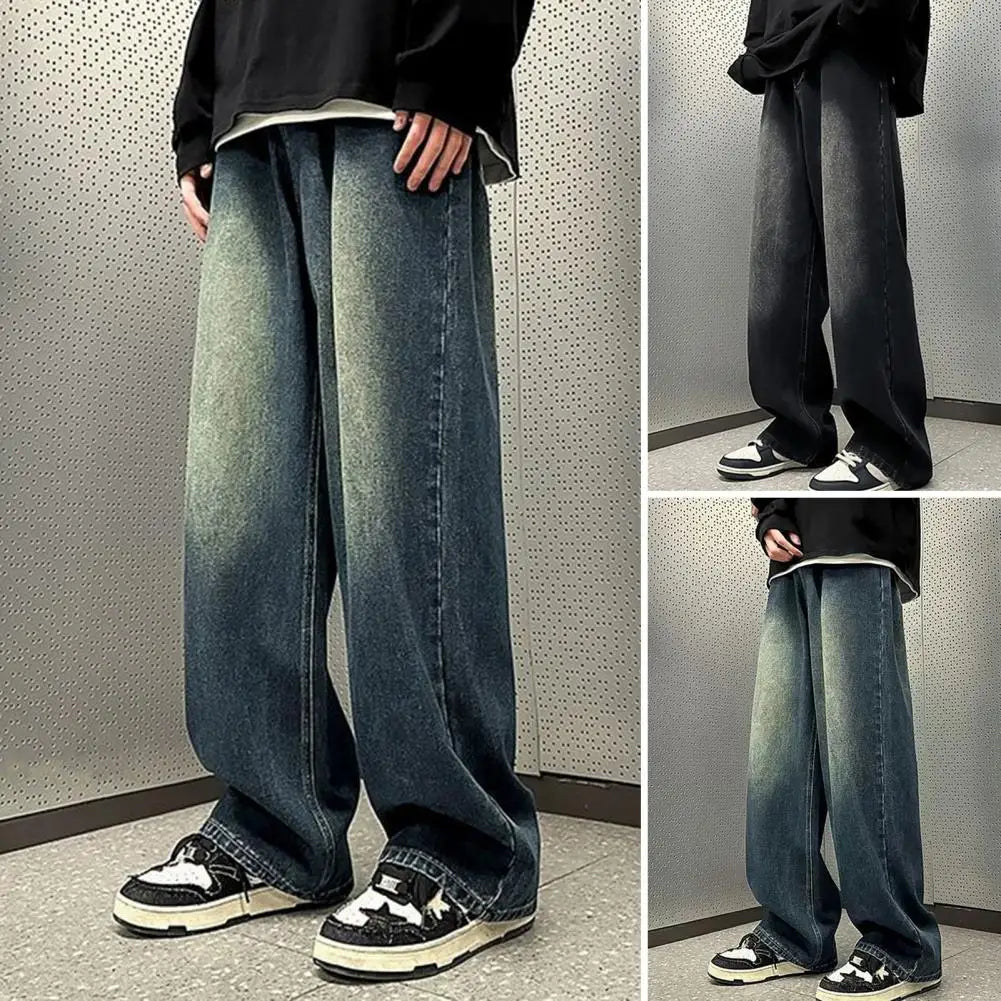 Men Jeans Gradient Contrast Color Wide Leg Loose
