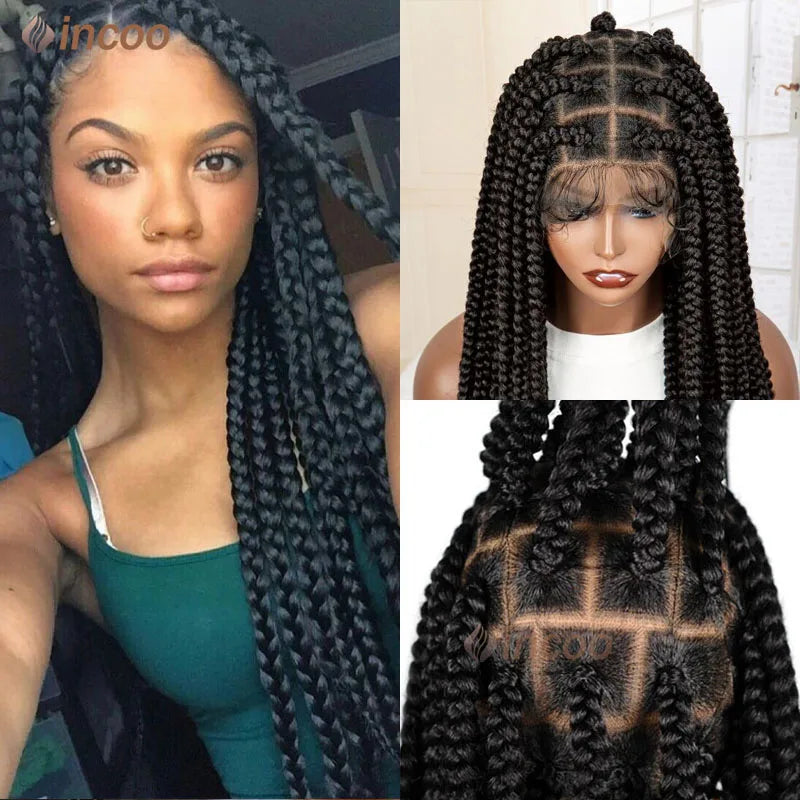 36" Full Lace Braided Wigs Synthetic Long Black