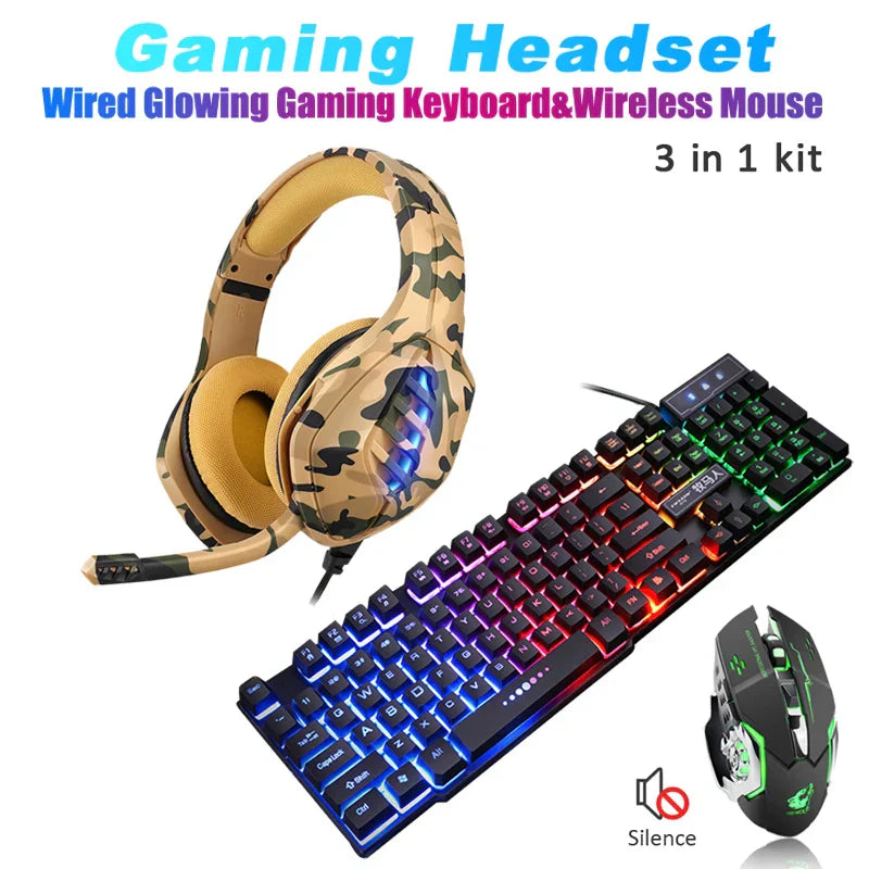 Gaming Wired Keyboard + Wireless Mouse+ Gaming Headset