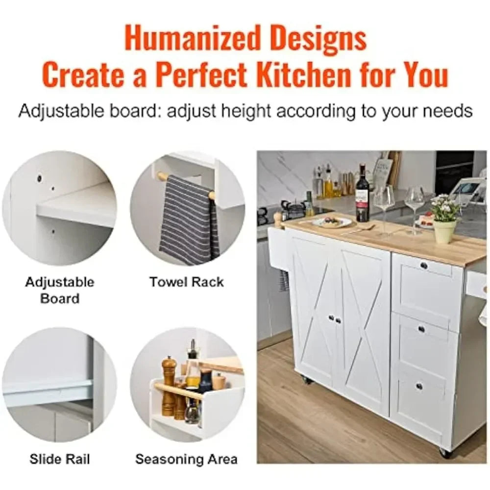45.3" Width Mobile Carts With Storage Cabinet Kitchen