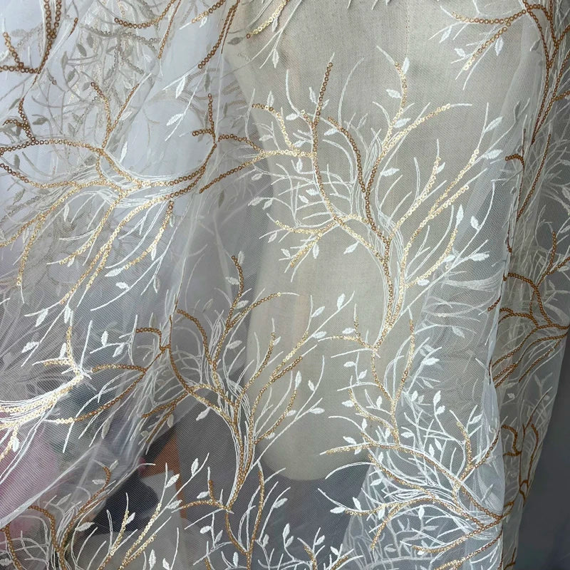 White lace Gold Beaded Embroidery Apparel Fabrics &