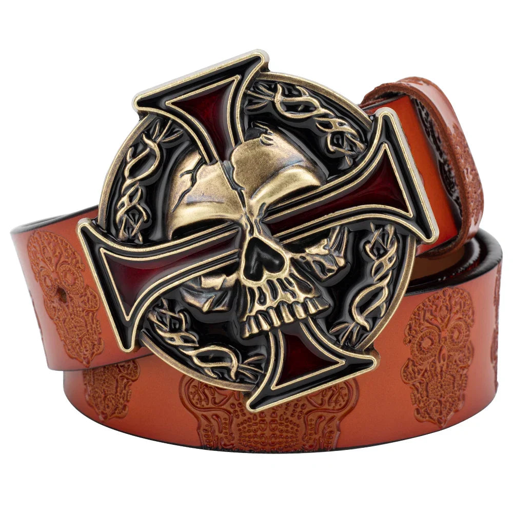 Skull Leather Belt Embossed Pattern Cowskin Fashion Buckle